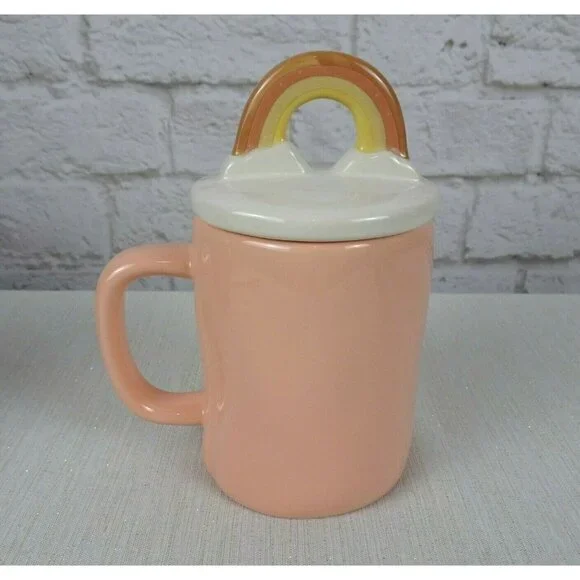 New RAE DUNN Rainbow 🌈 Figural Coffee Mug Human Kind Blush Pink With Lid Decor - Picture 3 of 12